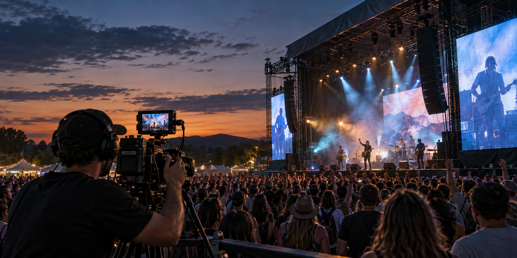 Illustrative outdoor festival production with camera operator, stage and audience