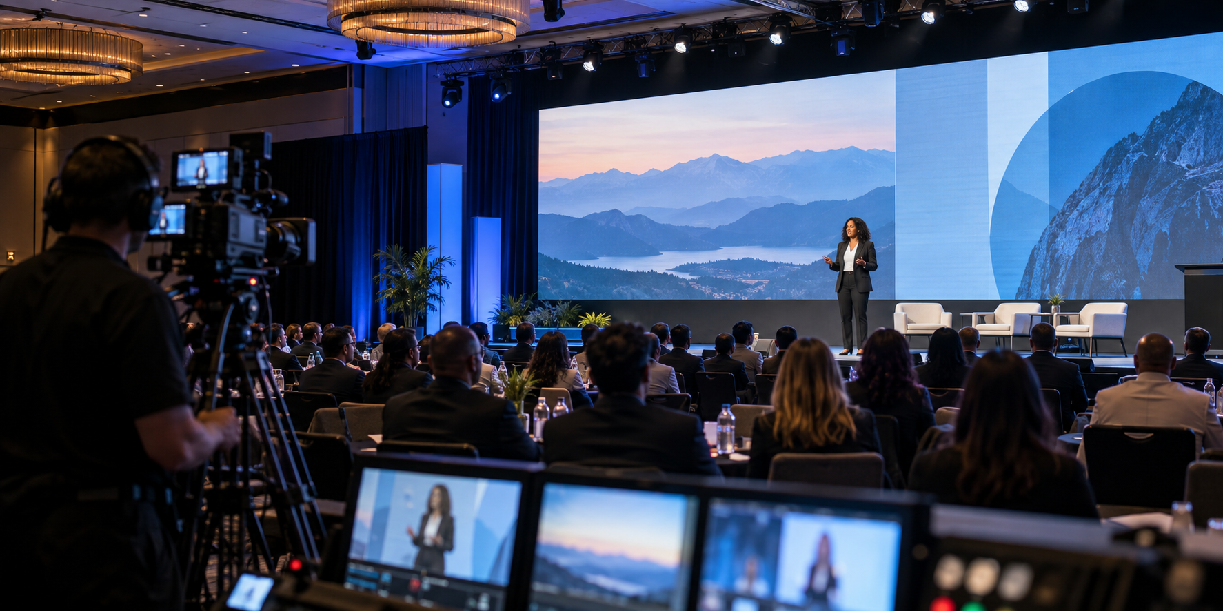 Illustrative corporate conference with presenter, camera operator and LED screen