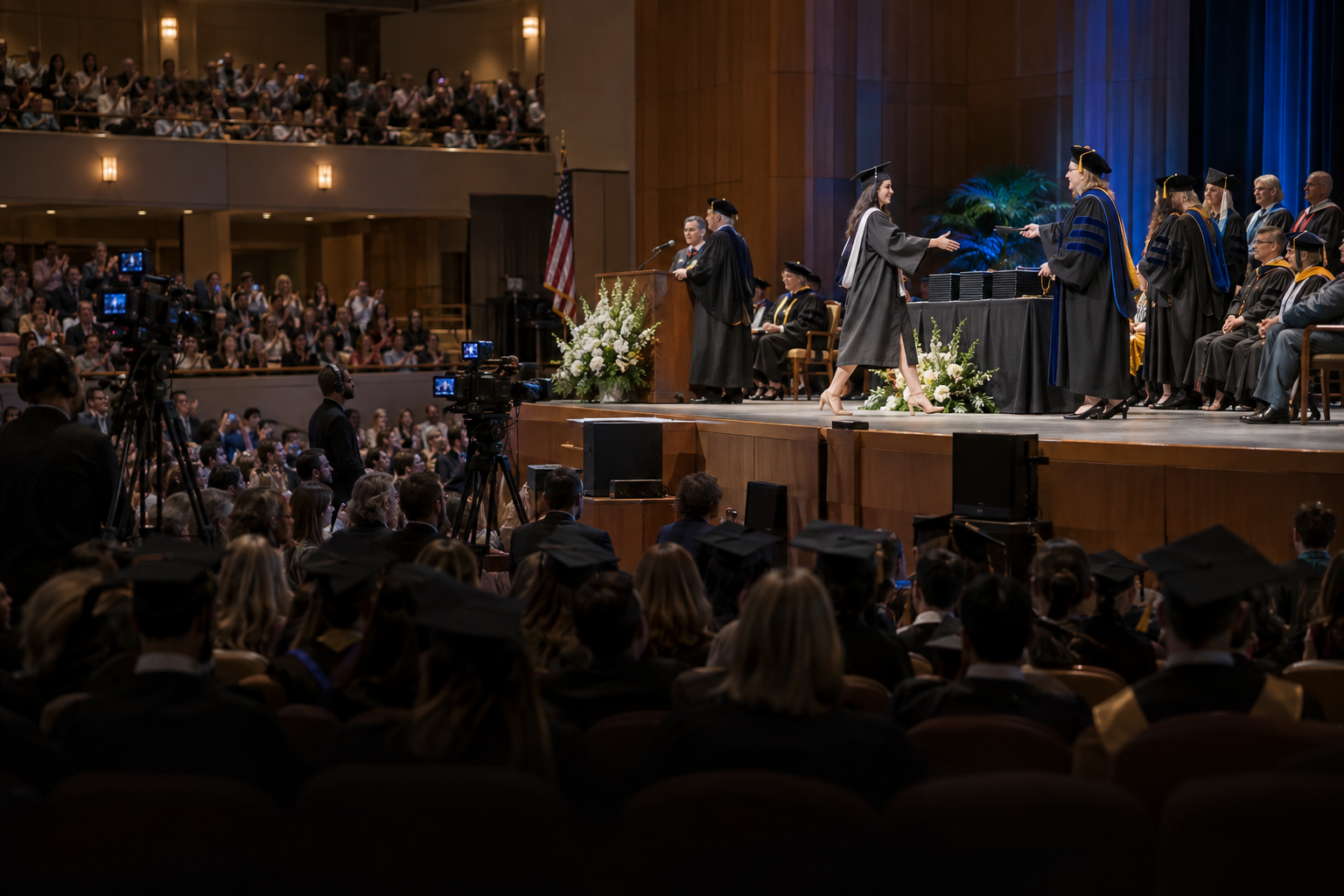Graduate receiving a diploma on stage
