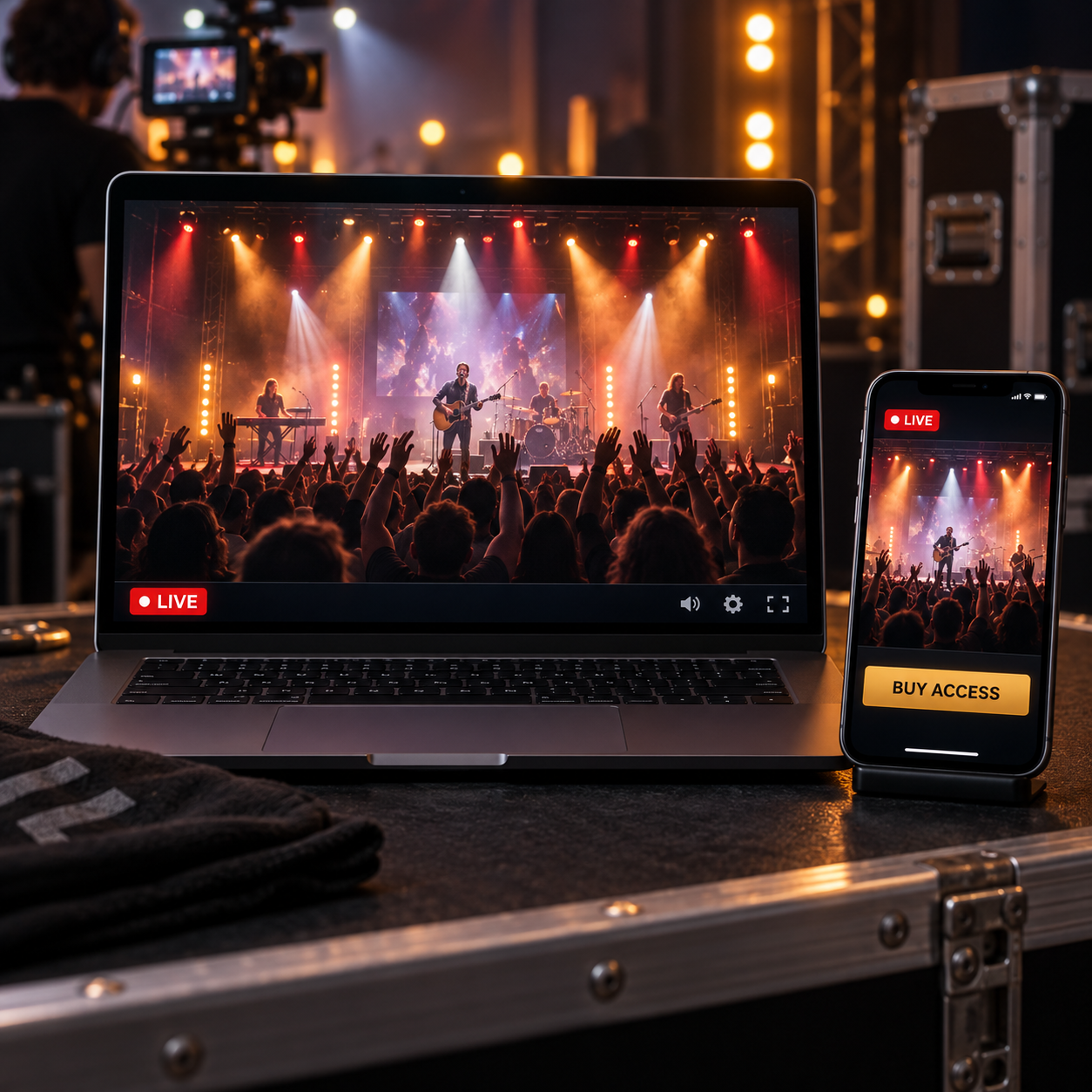 Concert livestream on laptop and phone with live and buy access options