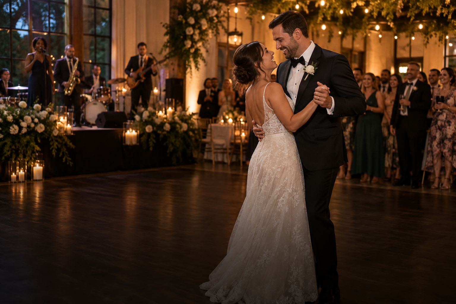 Newly married couple dancing at a wedding reception