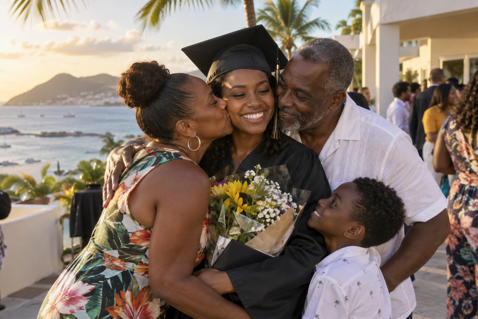 Illustrative image of a graduate celebrating with family