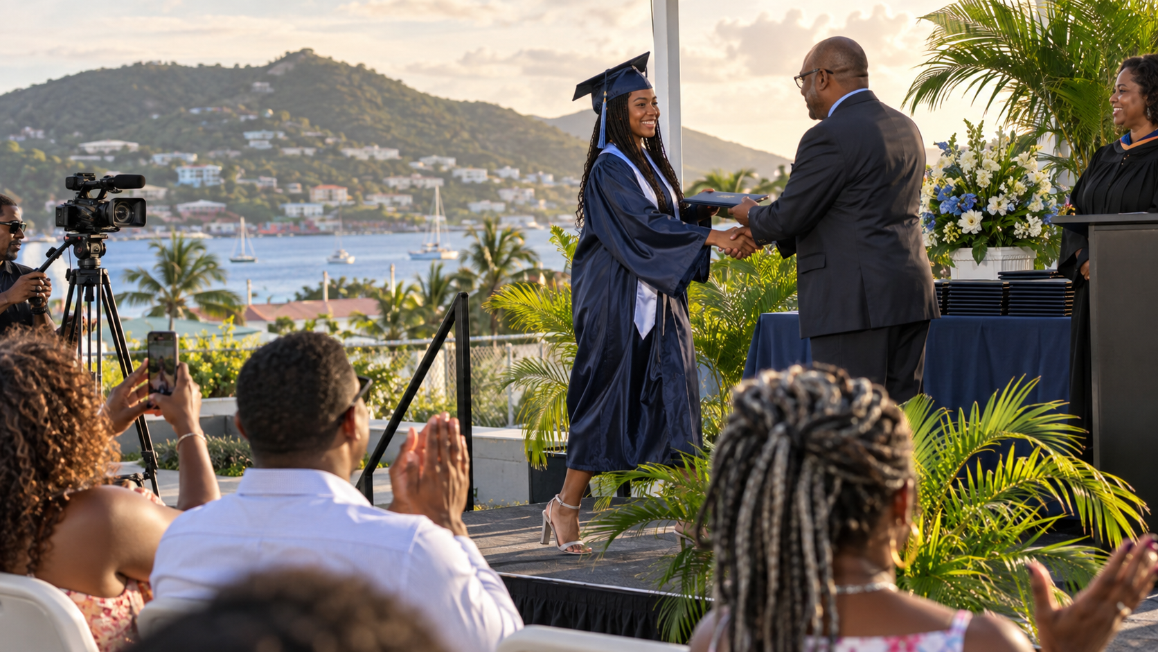 Illustrative image of a graduate receiving a diploma at an island ceremony