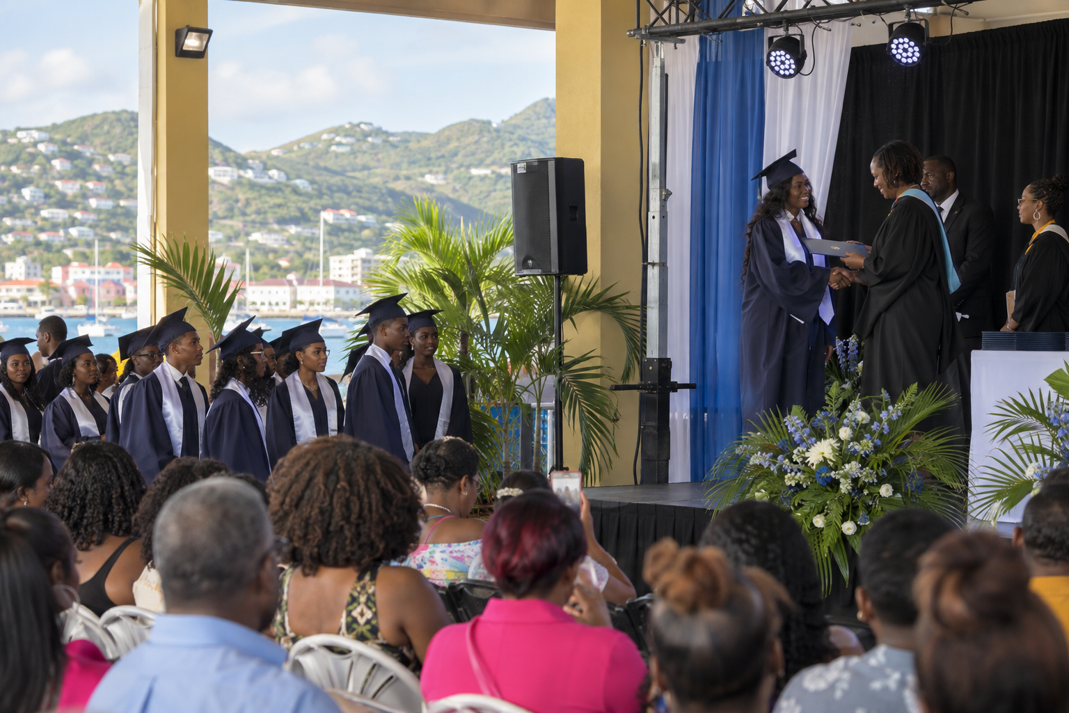 Illustrative image of a graduation stage and camera coverage