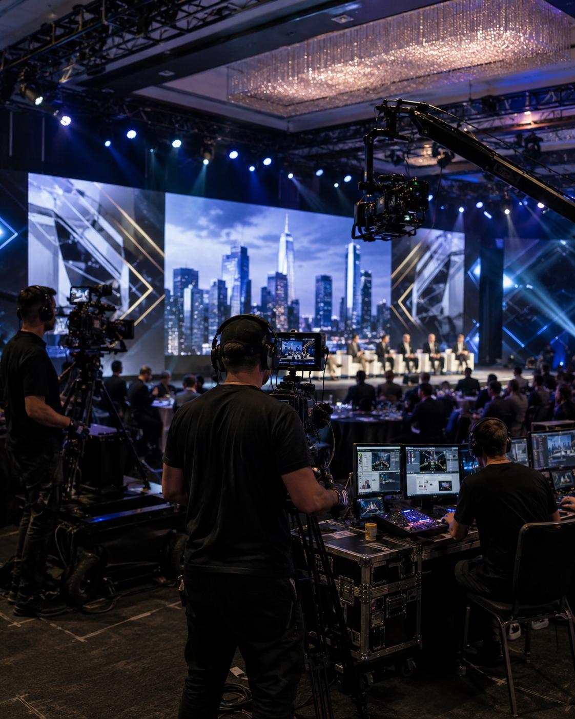 Multi-camera production crew covering a corporate stage event
